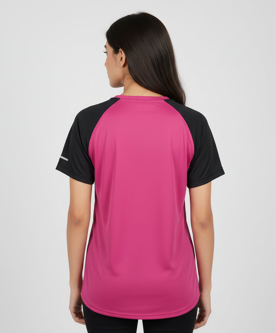 Women’s Pink Raglan T-Shirt with Black Sleeves | Premium Micro Polly Dry-Fit Sports Activewear Casual Wear