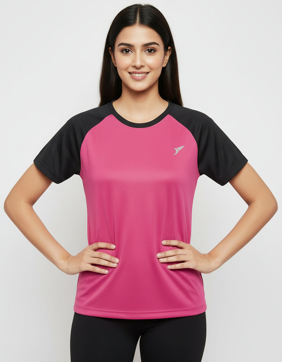 Women’s Pink Raglan T-Shirt with Black Sleeves | Premium Micro Polly Dry-Fit Sports Activewear Casual Wear