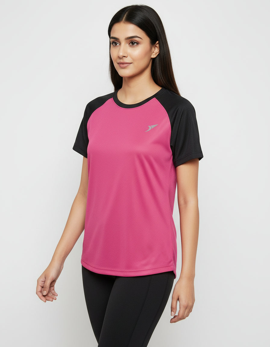 Women’s Pink Raglan T-Shirt with Black Sleeves | Premium Micro Polly Dry-Fit Sports Activewear Casual Wear