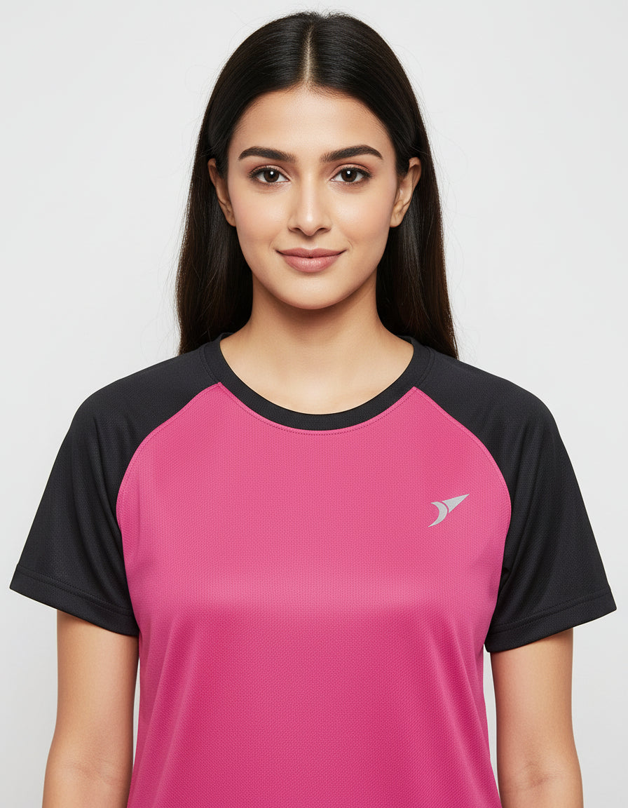 Women’s Pink Raglan T-Shirt with Black Sleeves | Premium Micro Polly Dry-Fit Sports Activewear Casual Wear