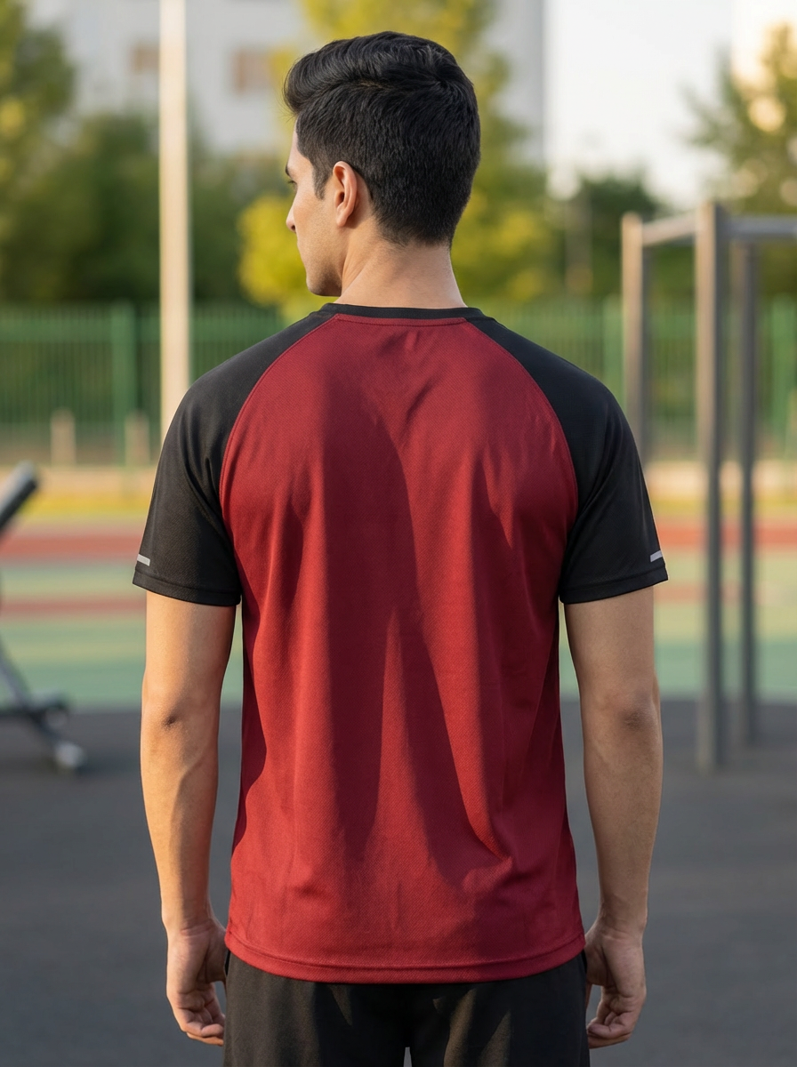 Men’s Maroon Honeycomb Raglan T-Shirt with Black Sleeves | Premium Sports Activewear