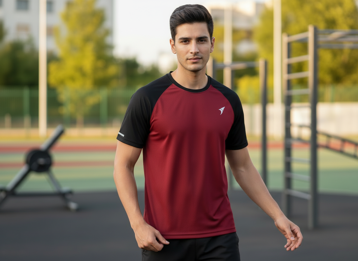 Men’s Maroon Honeycomb Raglan T-Shirt with Black Sleeves | Premium Sports Activewear