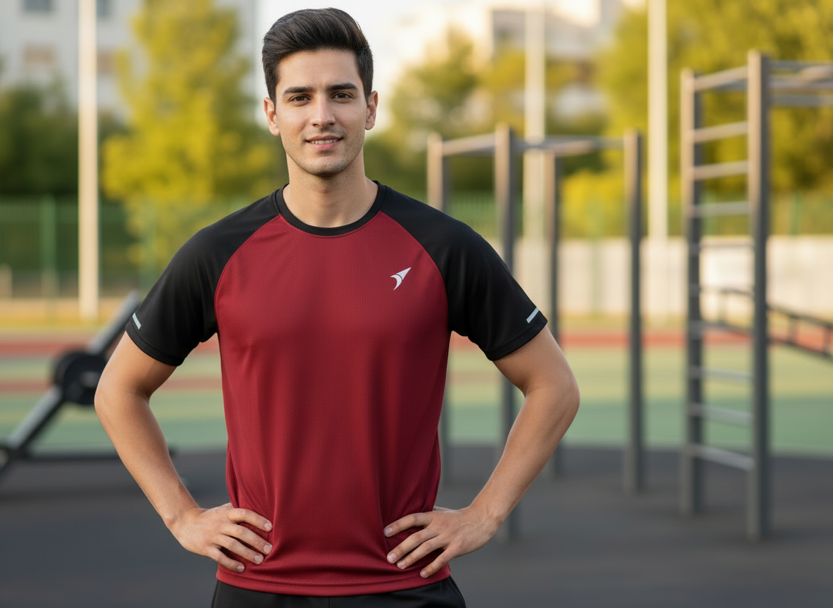 Men’s Maroon Honeycomb Raglan T-Shirt with Black Sleeves | Premium Sports Activewear