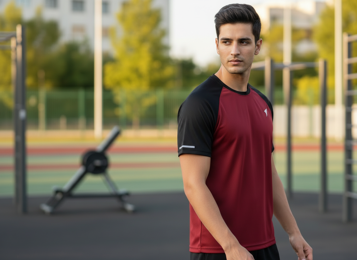 Men’s Maroon Honeycomb Raglan T-Shirt with Black Sleeves | Premium Sports Activewear