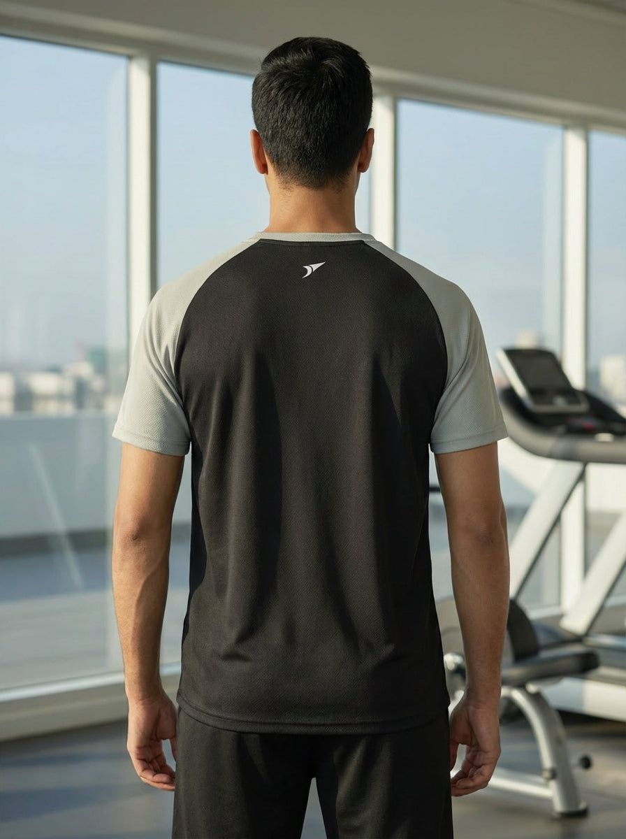 Men’s Black Honeycomb Raglan T-Shirt with Grey Sleeves | Premium Sports Activewear