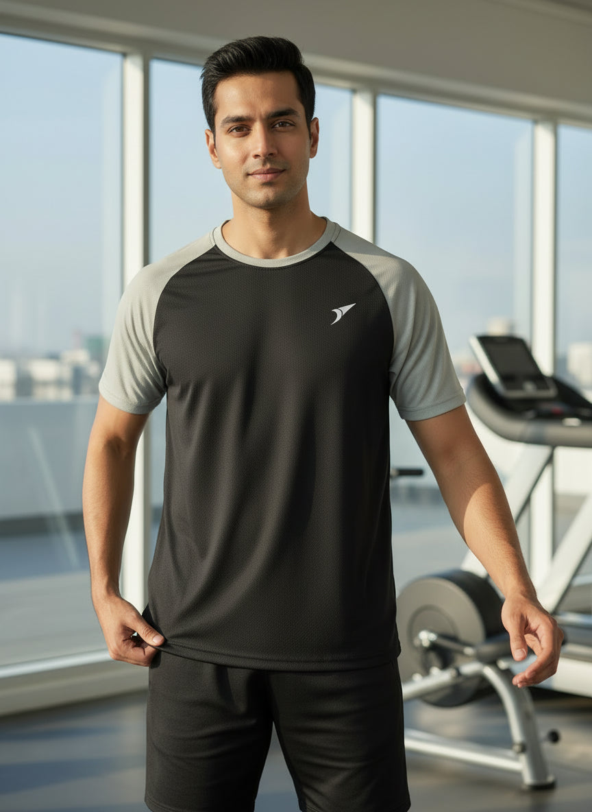Men’s Black Honeycomb Raglan T-Shirt with Grey Sleeves | Premium Sports Activewear