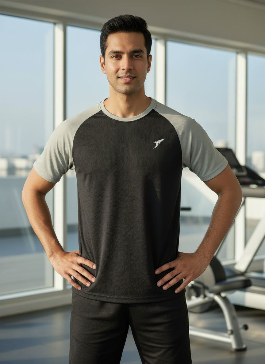 Men’s Black Honeycomb Raglan T-Shirt with Grey Sleeves | Premium Sports Activewear