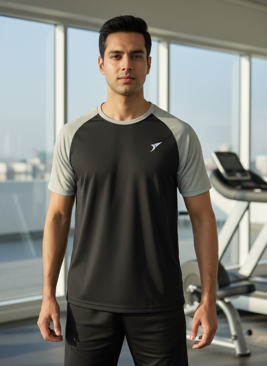 Men’s Black Honeycomb Raglan T-Shirt with Grey Sleeves | Premium Sports Activewear