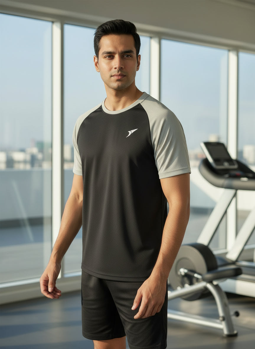 Men’s Black Honeycomb Raglan T-Shirt with Grey Sleeves | Premium Sports Activewear
