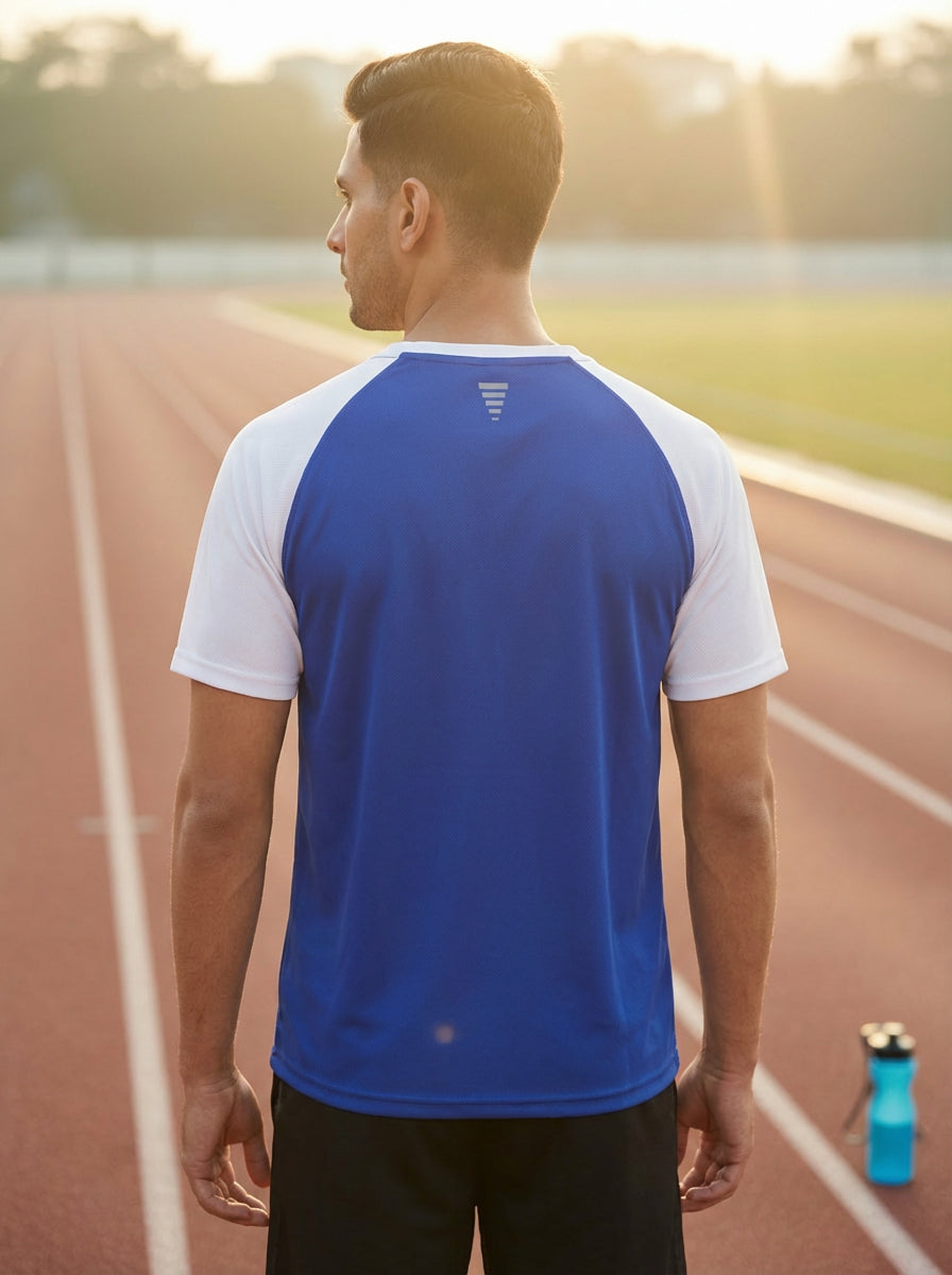 Men’s Blue Honeycomb Raglan T-Shirt with white Sleeves | Premium Sports Activewear