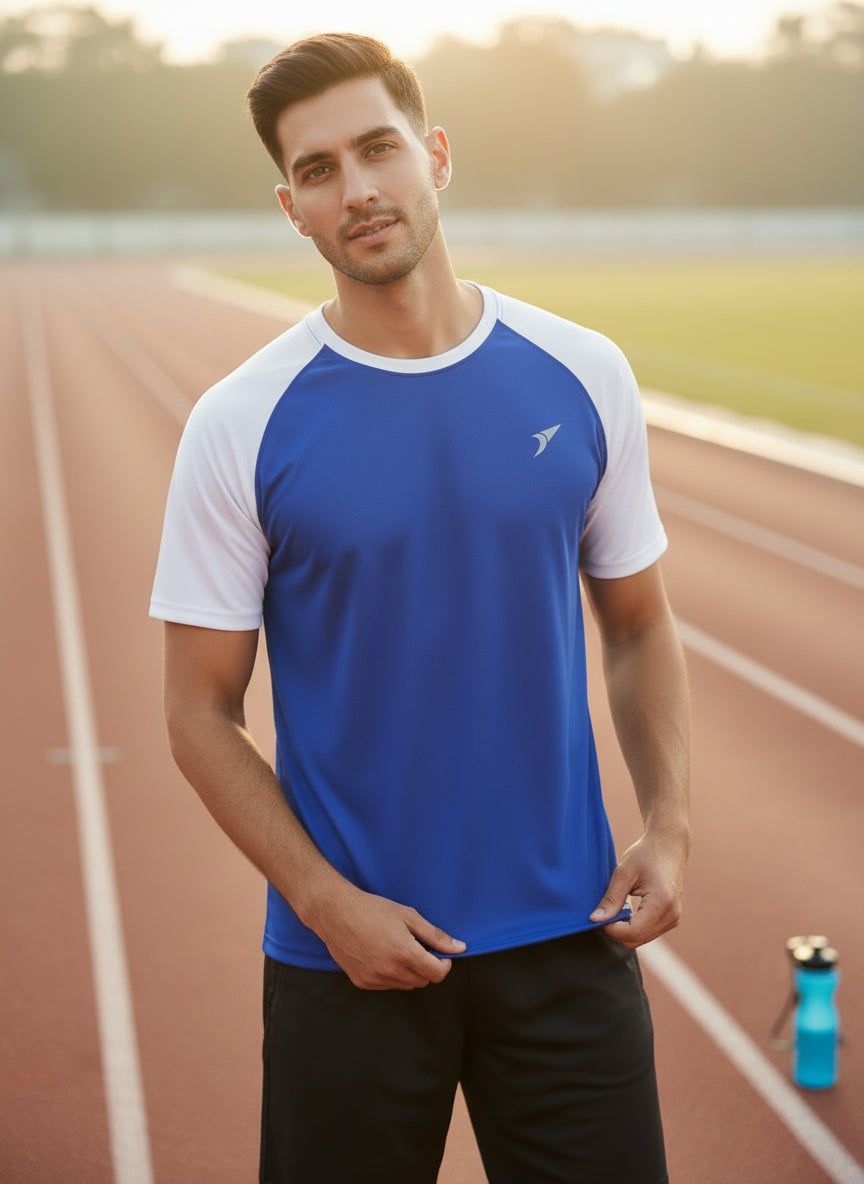 Men’s Blue Honeycomb Raglan T-Shirt with white Sleeves | Premium Sports Activewear