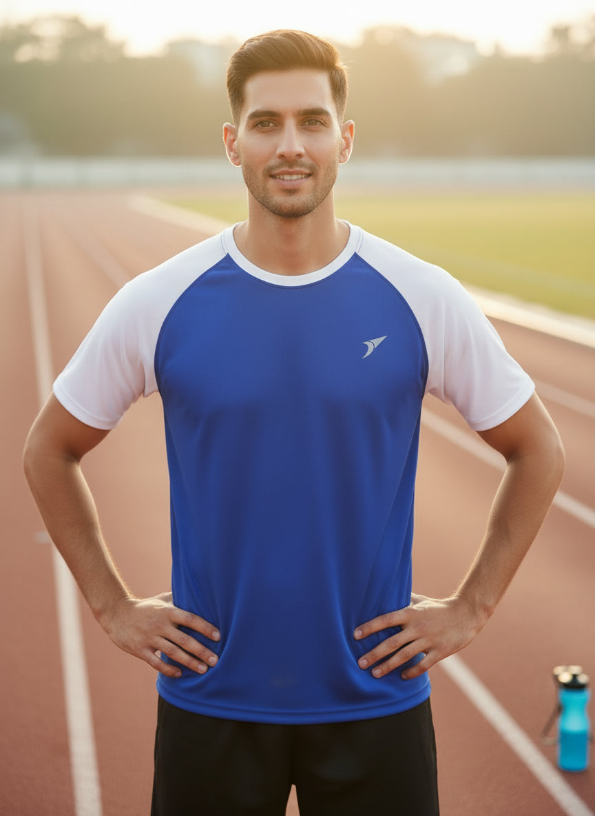Men’s Blue Honeycomb Raglan T-Shirt with white Sleeves | Premium Sports Activewear