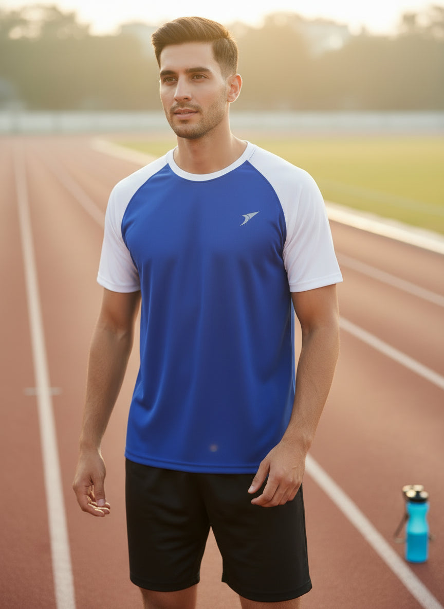 Men’s Blue Honeycomb Raglan T-Shirt with white Sleeves | Premium Sports Activewear