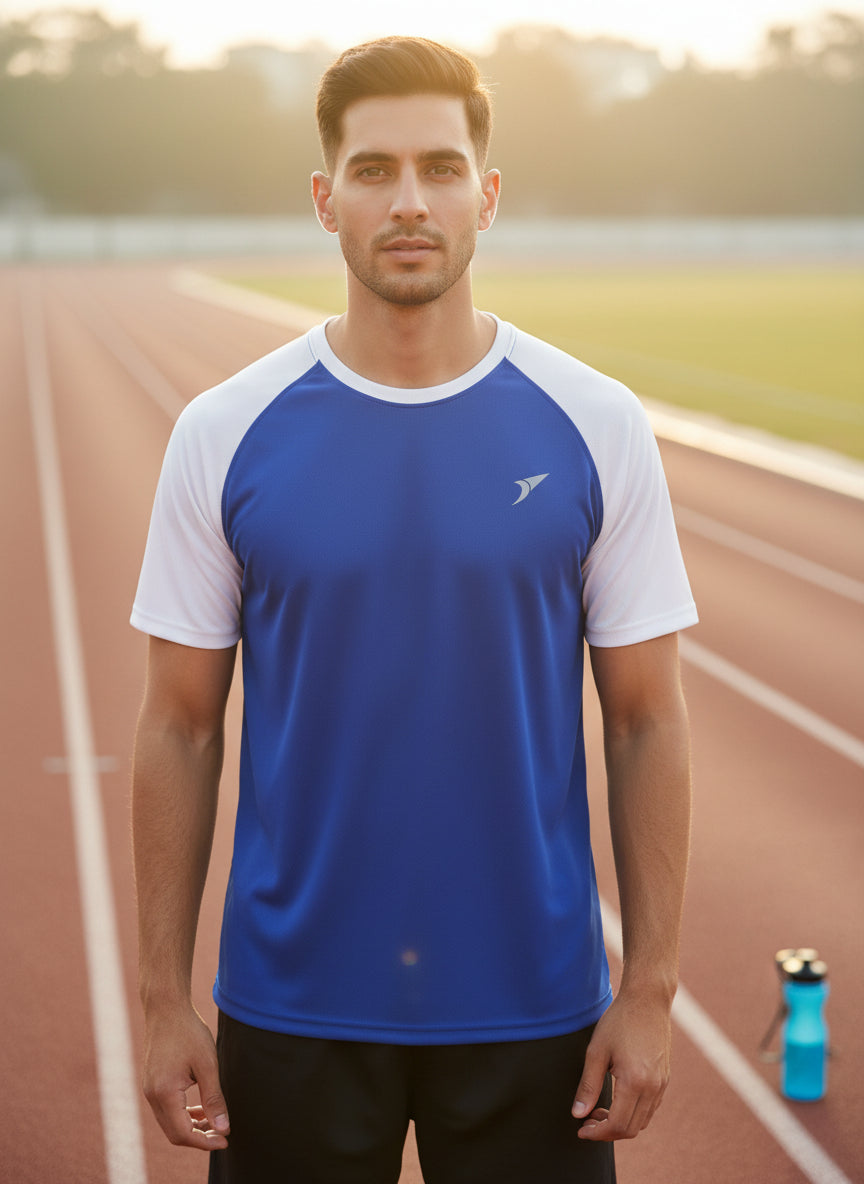 Men’s Blue Honeycomb Raglan T-Shirt with white Sleeves | Premium Sports Activewear