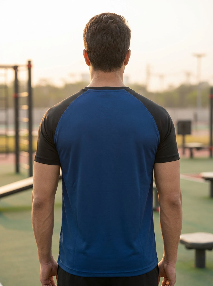 Men’s Navy Blue Honeycomb Raglan T-Shirt with Black Sleeves | Premium Sports Activewear