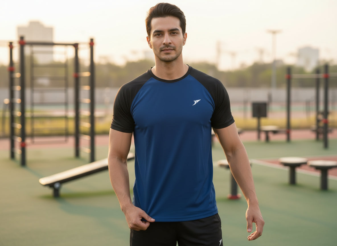 Men’s Navy Blue Honeycomb Raglan T-Shirt with Black Sleeves | Premium Sports Activewear