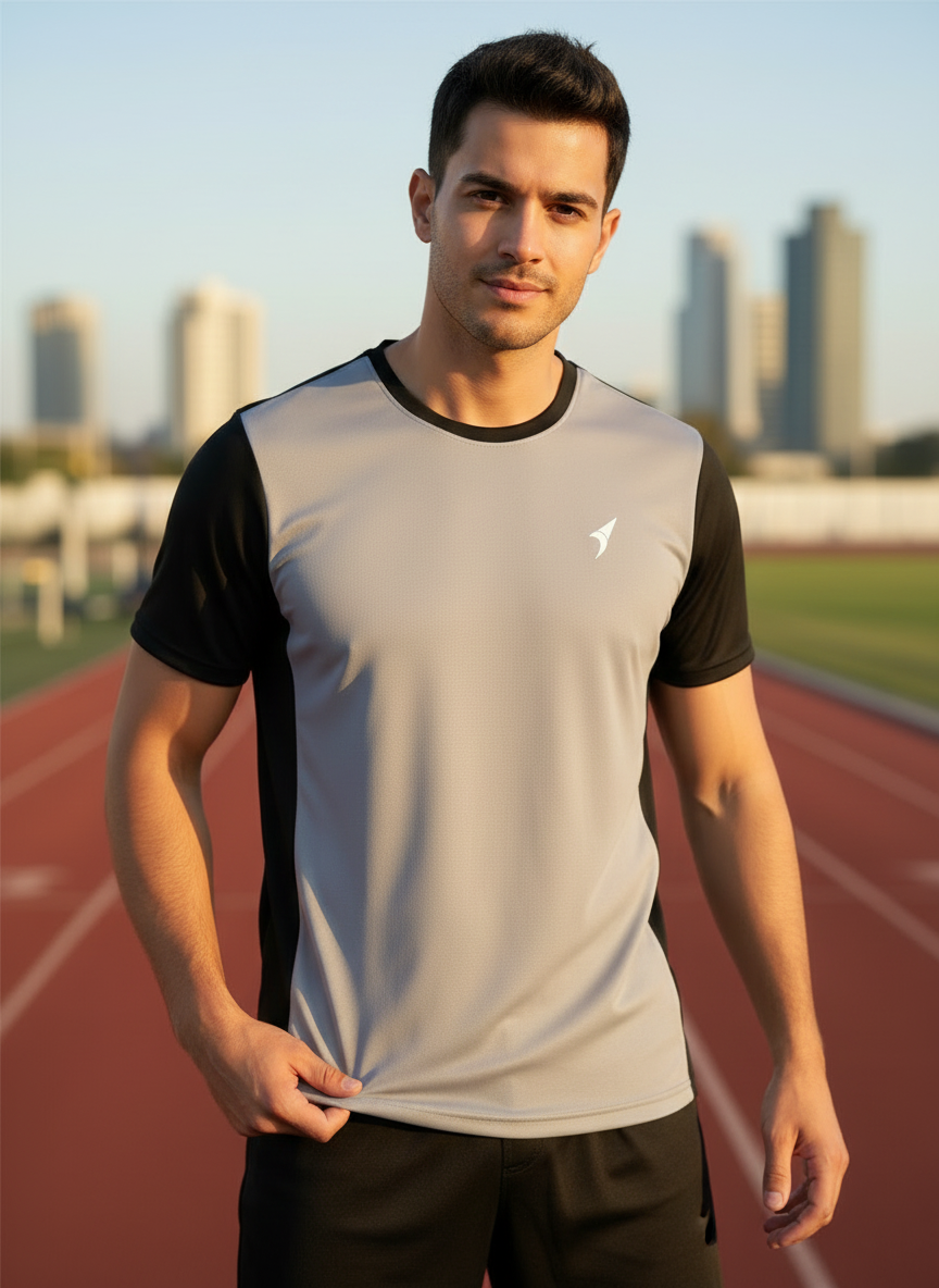 Men Grey & Black Raglan Sports T-Shirt | Breathable Activewear Gym Wear