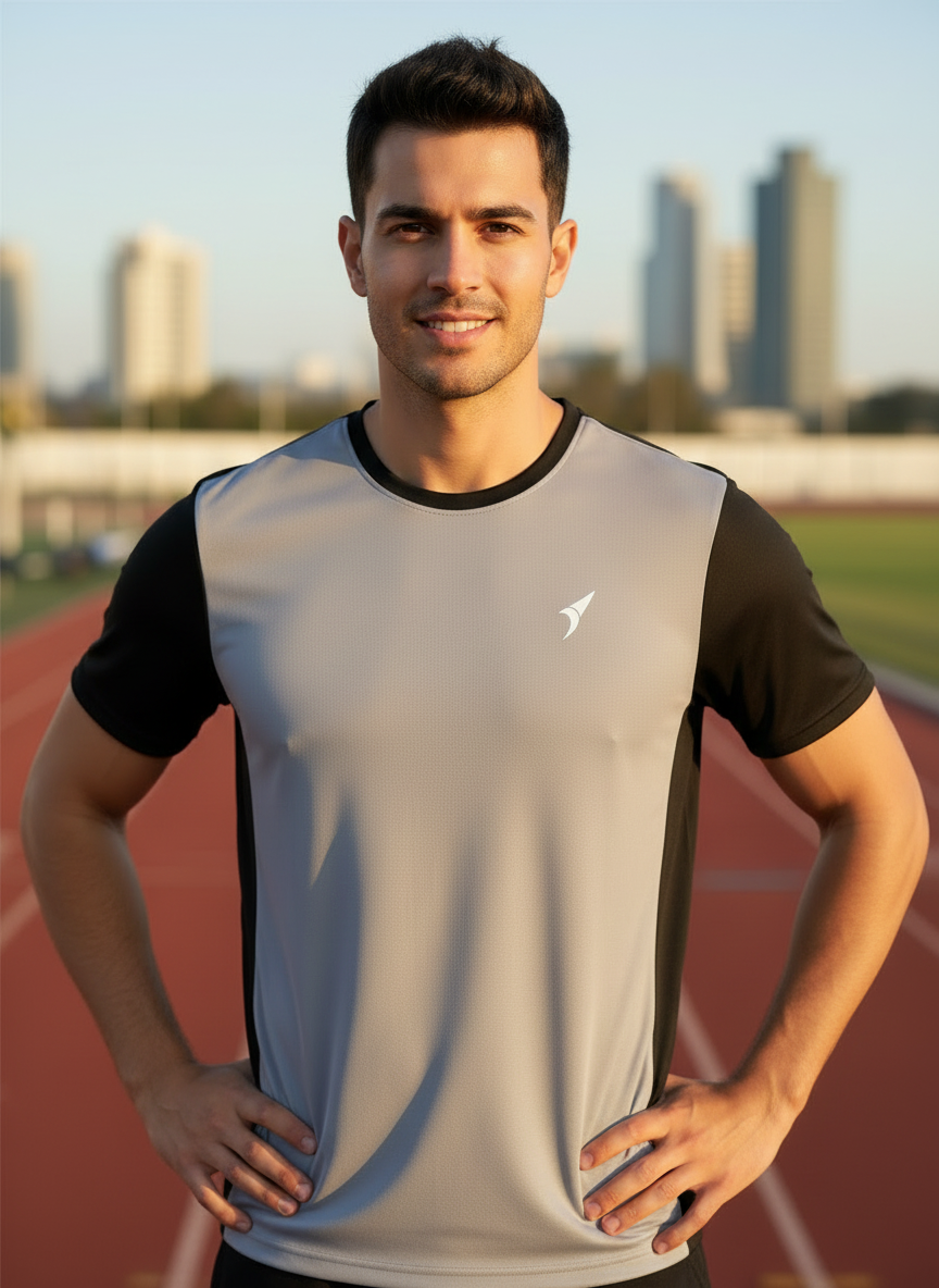 Men Grey & Black Raglan Sports T-Shirt | Breathable Activewear Gym Wear