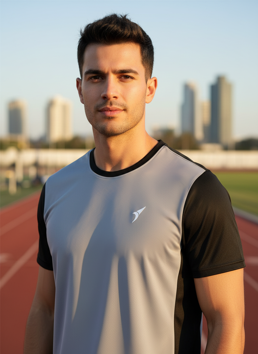 Men Grey & Black Raglan Sports T-Shirt | Breathable Activewear Gym Wear