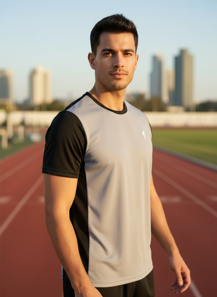 Men Grey & Black Raglan Sports T-Shirt | Breathable Activewear Gym Wear