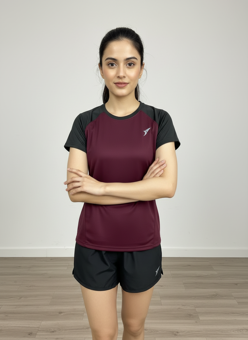 Women’s Maroon Raglan T-Shirt with Black Sleeves | Premium Micro Polly Dry-Fit Sports Activewear Casual Wear