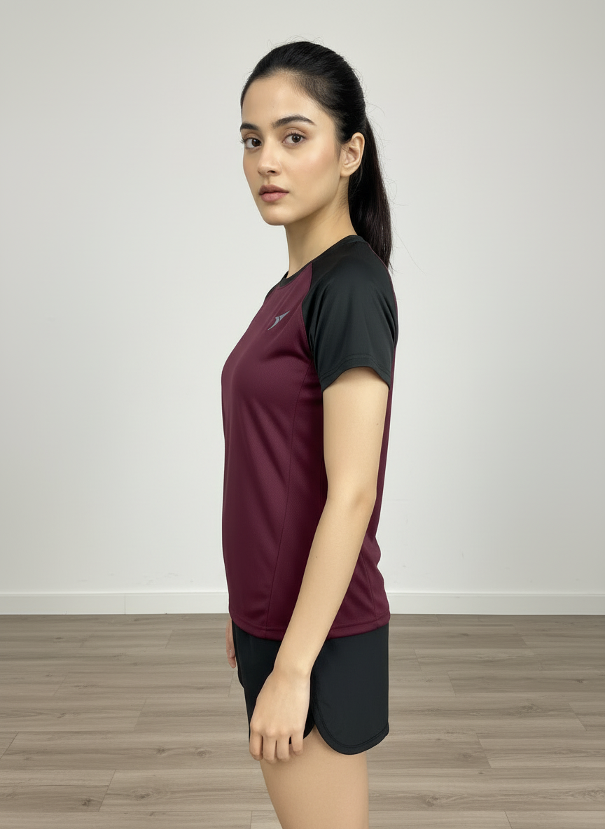 Women’s Maroon Raglan T-Shirt with Black Sleeves | Premium Micro Polly Dry-Fit Sports Activewear Casual Wear