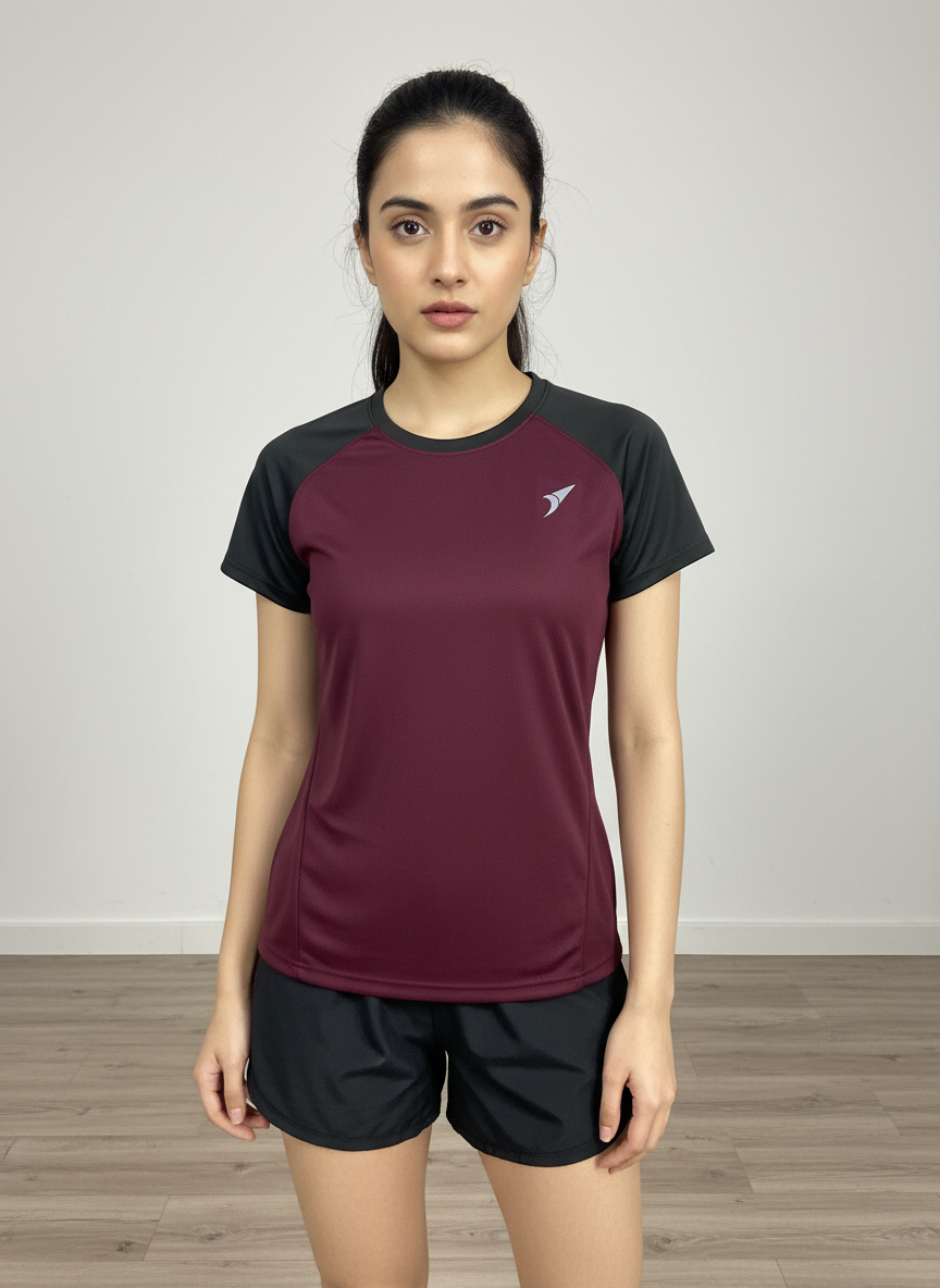 Women’s Maroon Raglan T-Shirt with Black Sleeves | Premium Micro Polly Dry-Fit Sports Activewear Casual Wear