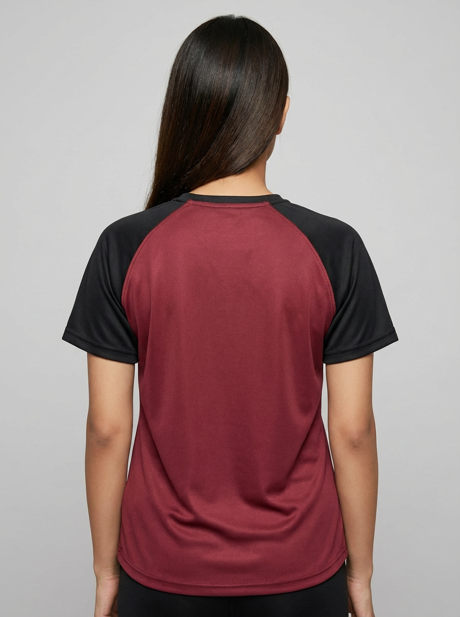 Women’s Maroon Raglan T-Shirt with Black Sleeves | Premium Micro Polly Dry-Fit Sports Activewear Casual Wear