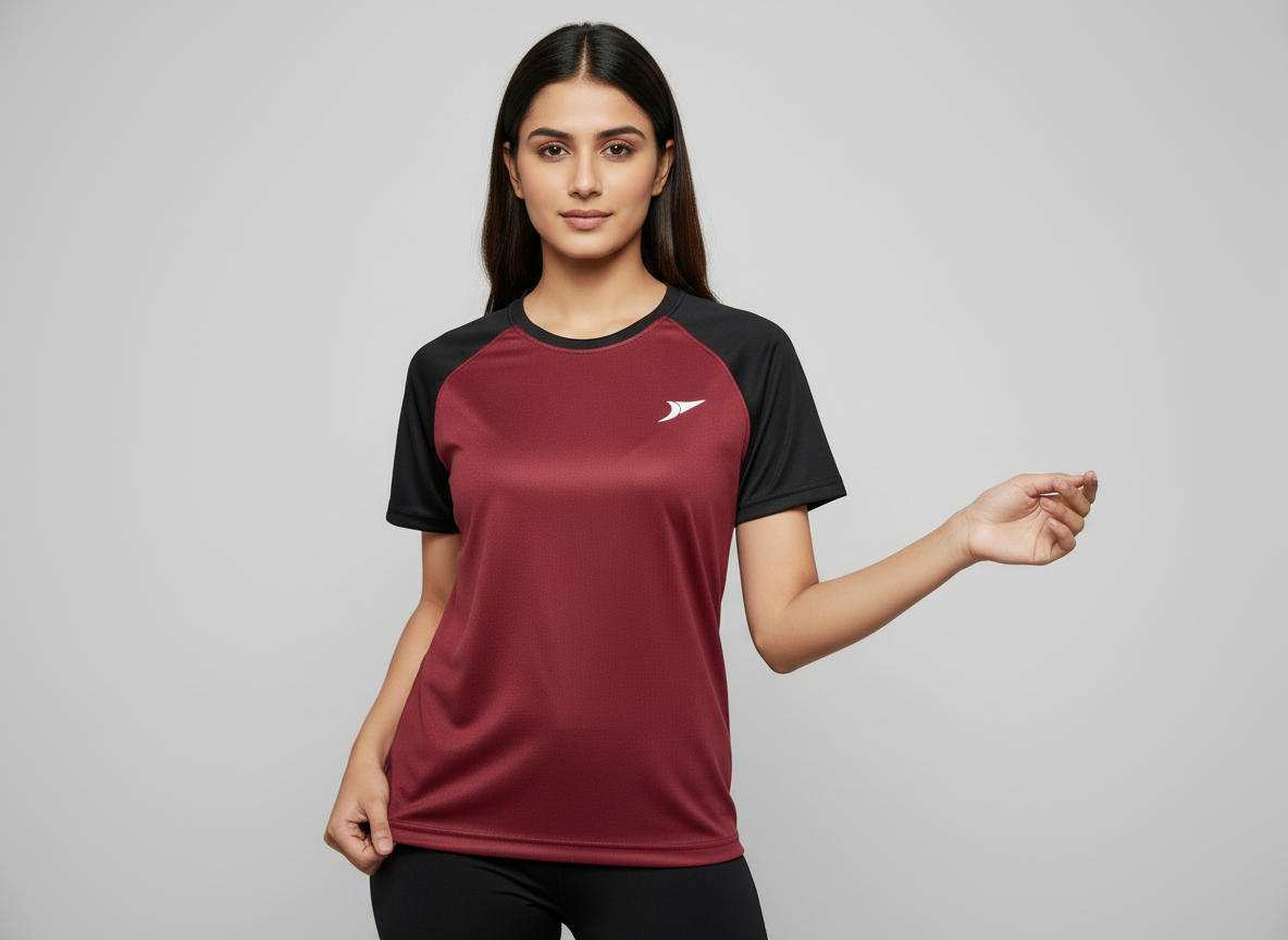 Women’s Maroon Raglan T-Shirt with Black Sleeves | Premium Micro Polly Dry-Fit Sports Activewear Casual Wear