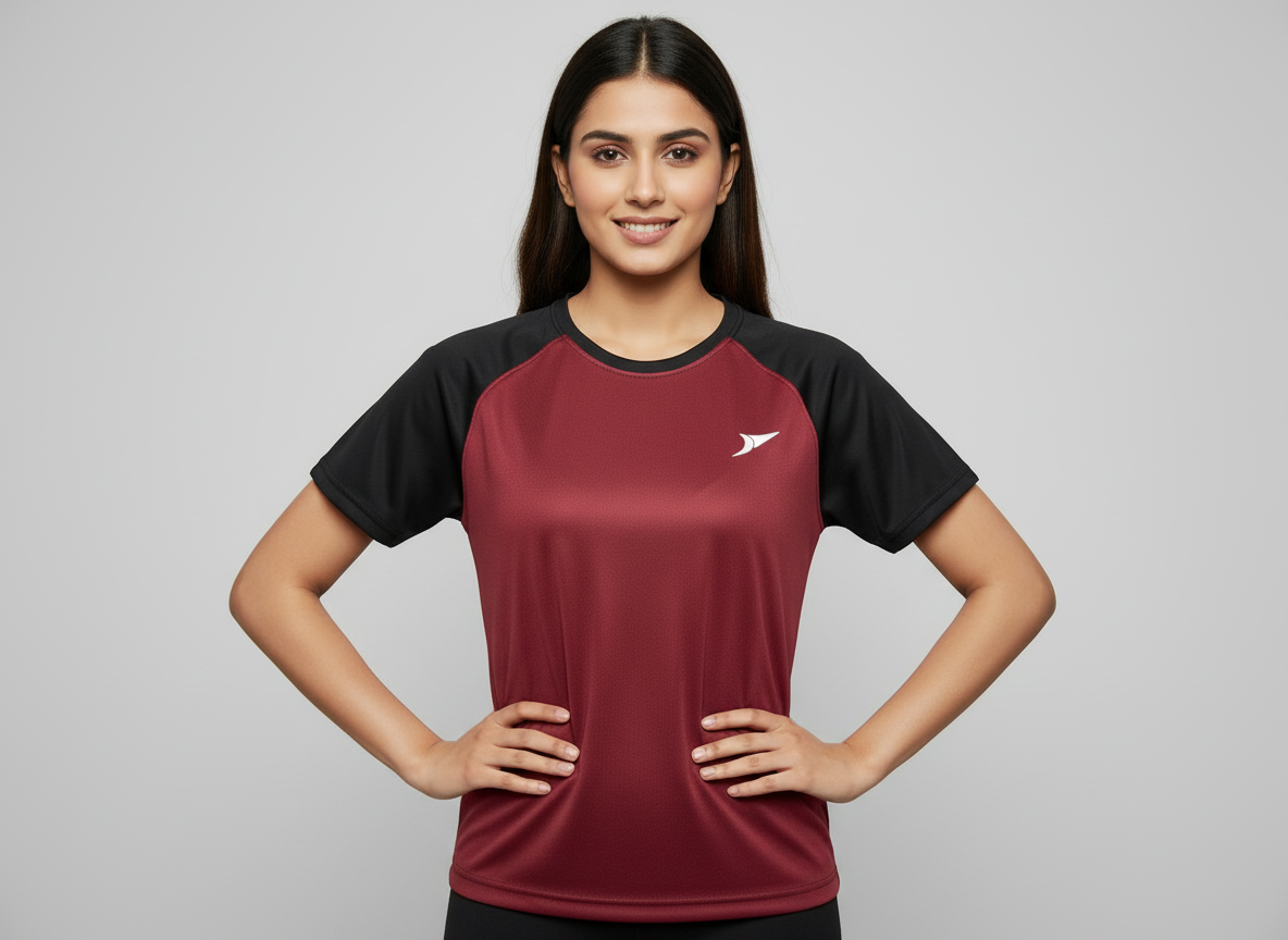 Women’s Maroon Raglan T-Shirt with Black Sleeves | Premium Micro Polly Dry-Fit Sports Activewear Casual Wear