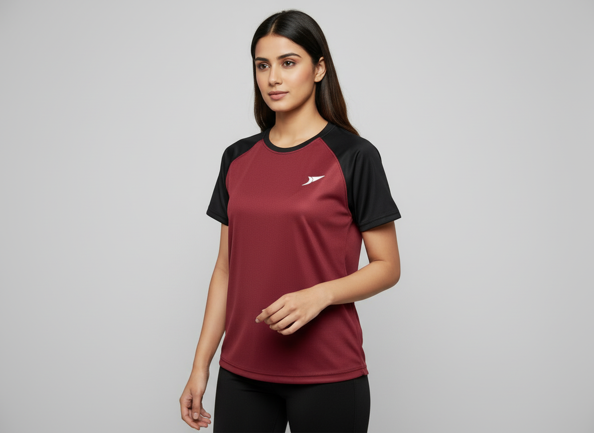 Women’s Maroon Raglan T-Shirt with Black Sleeves | Premium Micro Polly Dry-Fit Sports Activewear Casual Wear