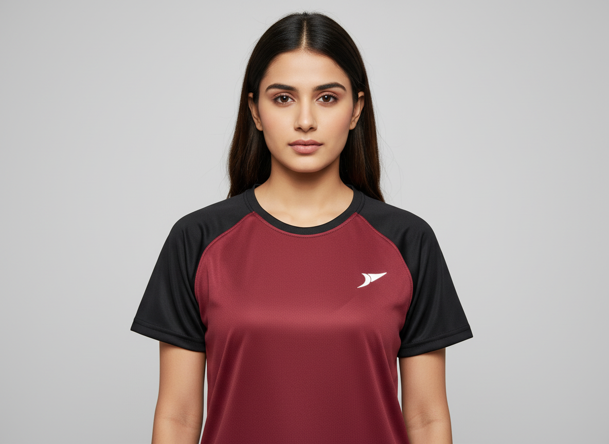 Women’s Maroon Raglan T-Shirt with Black Sleeves | Premium Micro Polly Dry-Fit Sports Activewear Casual Wear