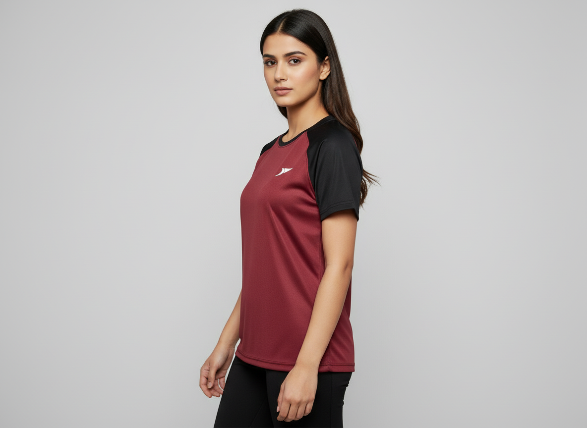 Women’s Maroon Raglan T-Shirt with Black Sleeves | Premium Micro Polly Dry-Fit Sports Activewear Casual Wear
