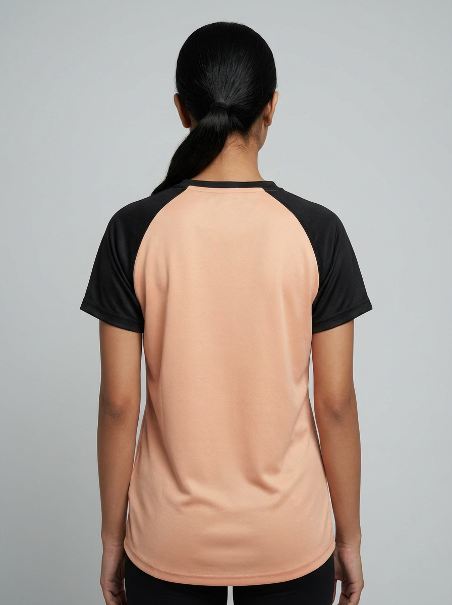 Women’s Peach Raglan T-Shirt with Black Sleeves | Premium Micro Polly Dry-Fit Sports Activewear Casual Wear