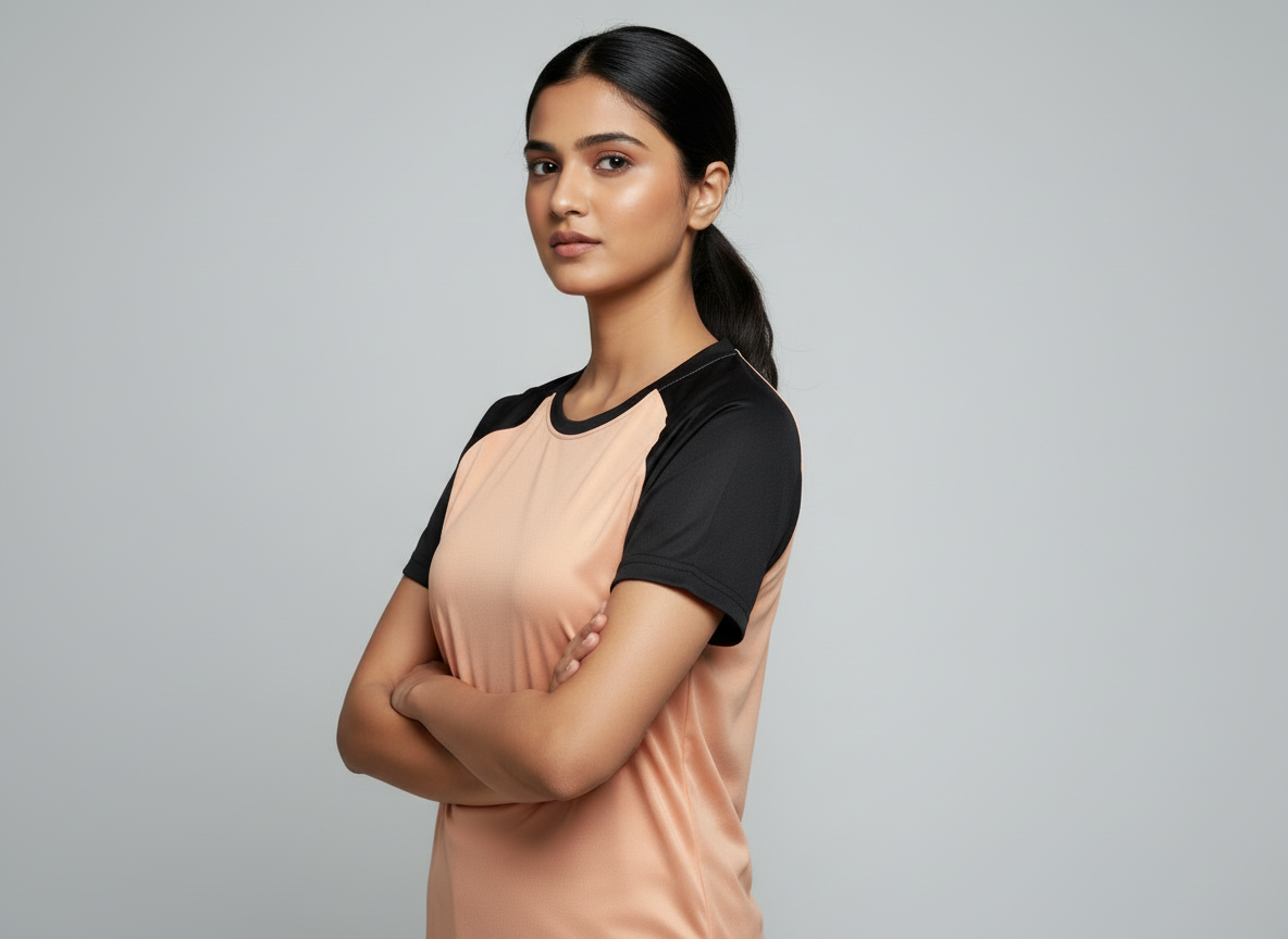 Women’s Peach Raglan T-Shirt with Black Sleeves | Premium Micro Polly Dry-Fit Sports Activewear Casual Wear