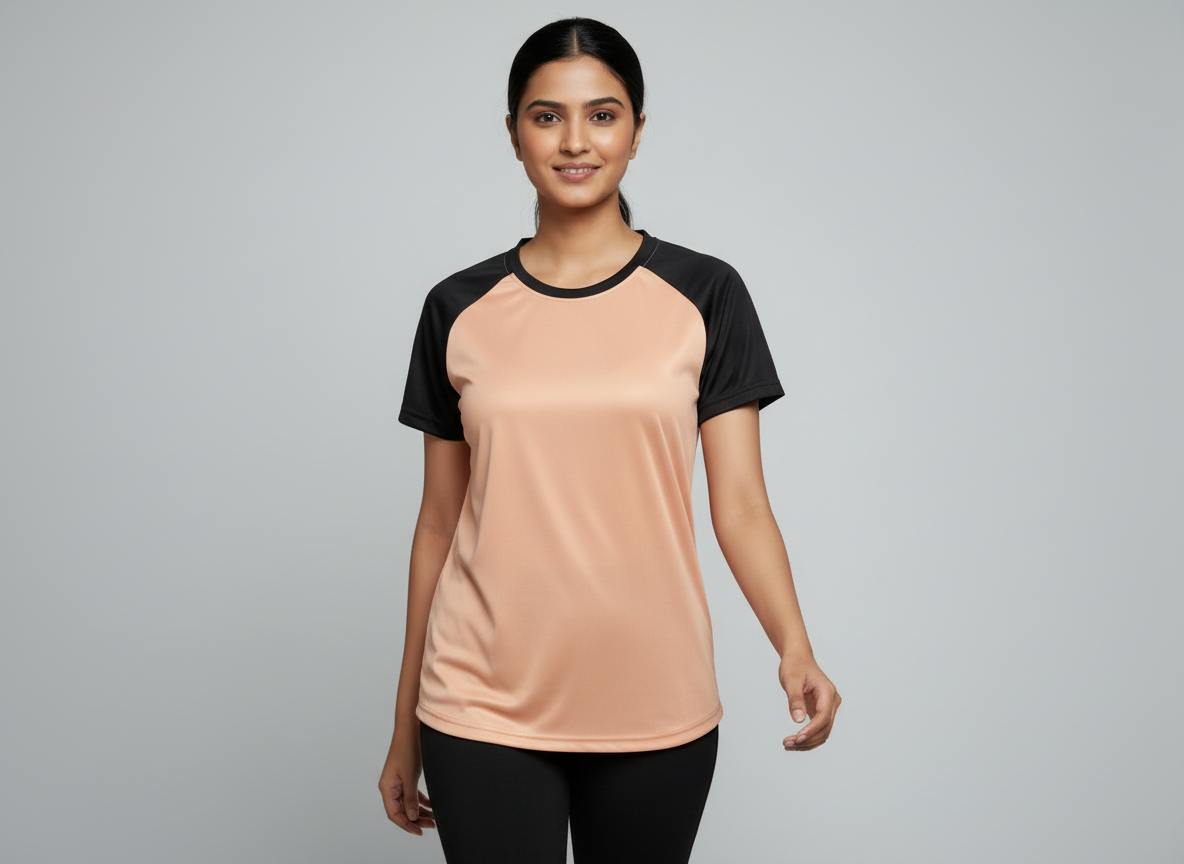 Women’s Peach Raglan T-Shirt with Black Sleeves | Premium Micro Polly Dry-Fit Sports Activewear Casual Wear