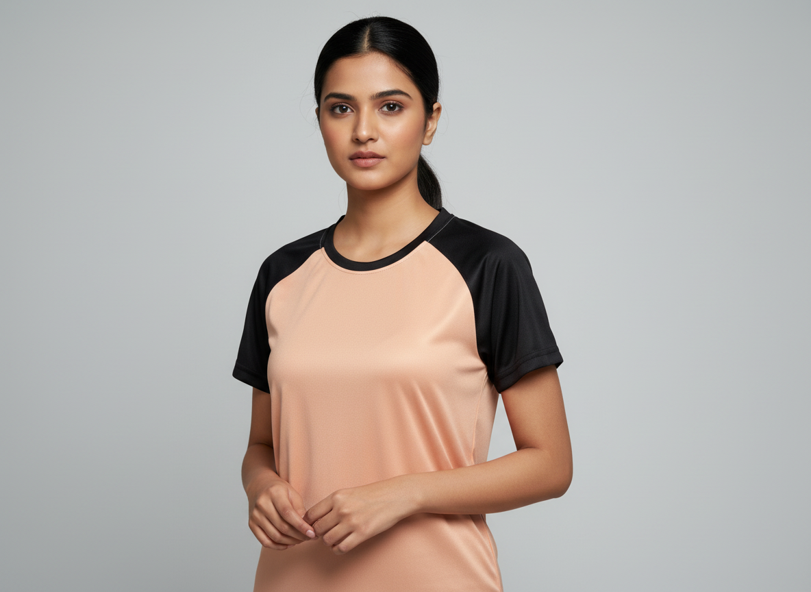 Women’s Peach Raglan T-Shirt with Black Sleeves | Premium Micro Polly Dry-Fit Sports Activewear Casual Wear