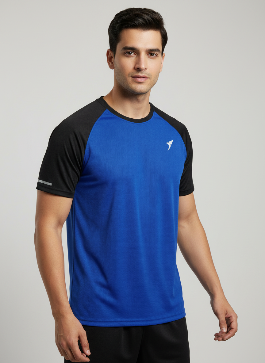 Men’s Royal Blue Honeycomb Raglan T-Shirt with Black Sleeves | Premium Sports Activewear