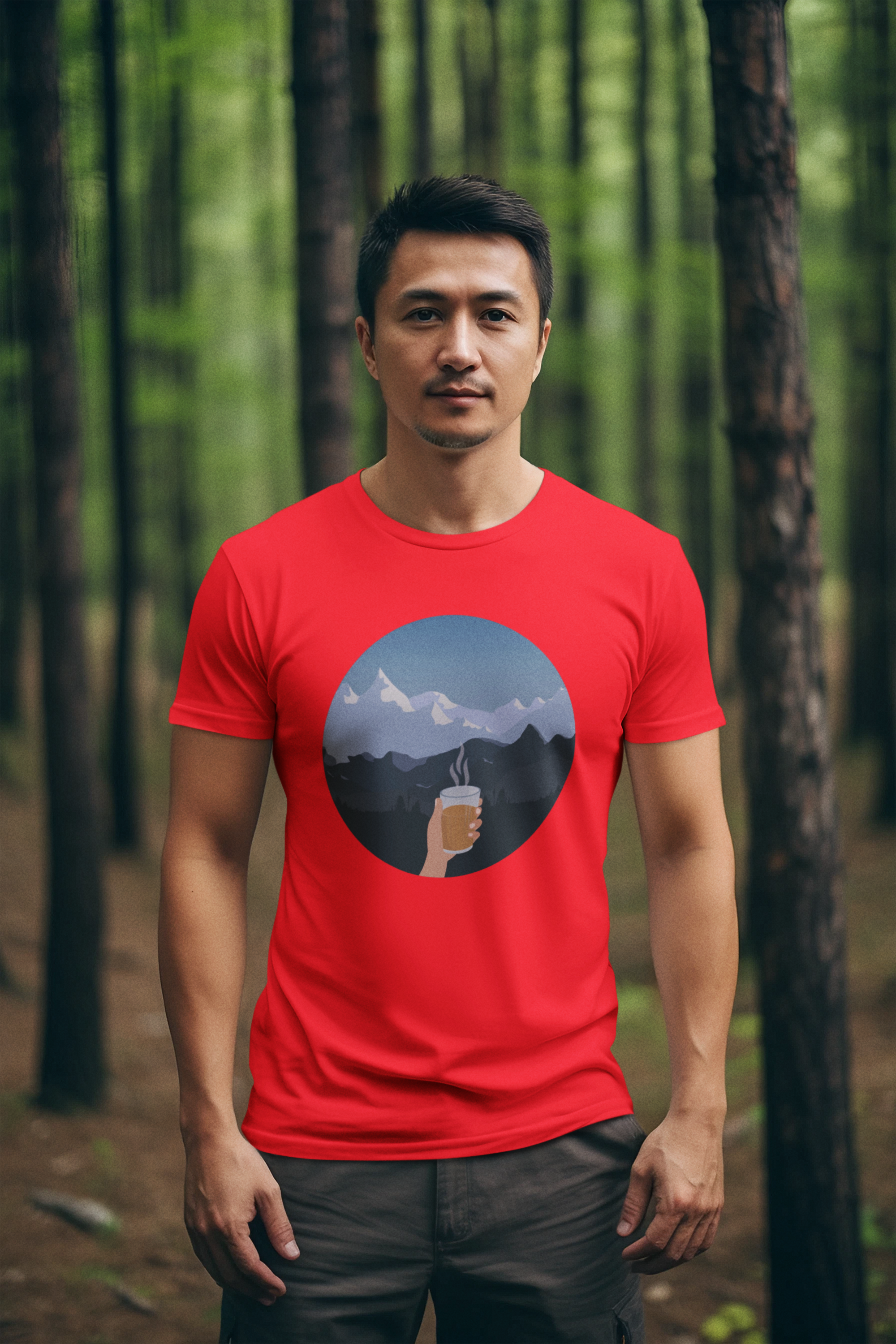 mountain landscape with a steaming coffee cup mens tshirt