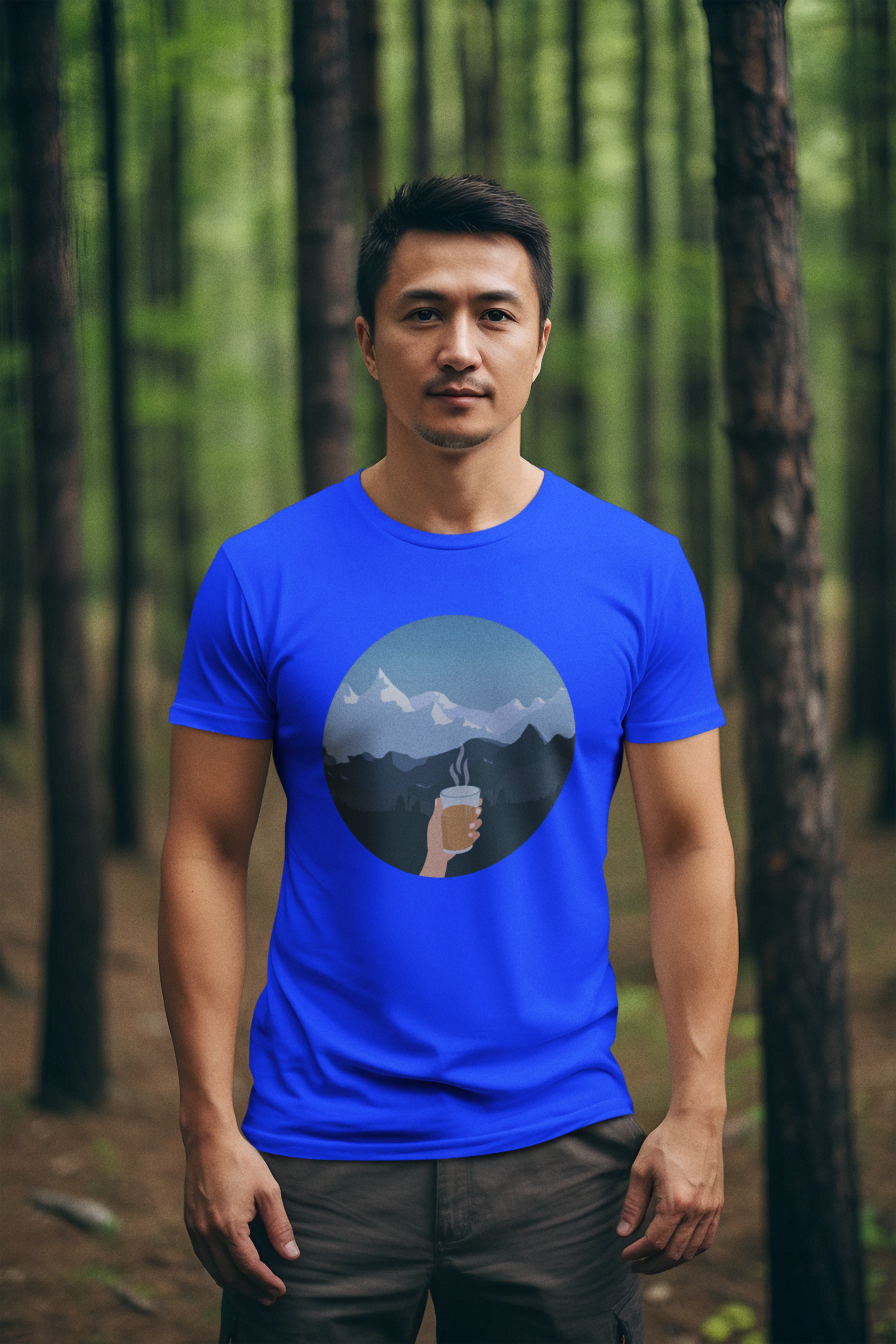 mountain landscape with a steaming coffee cup mens tshirt