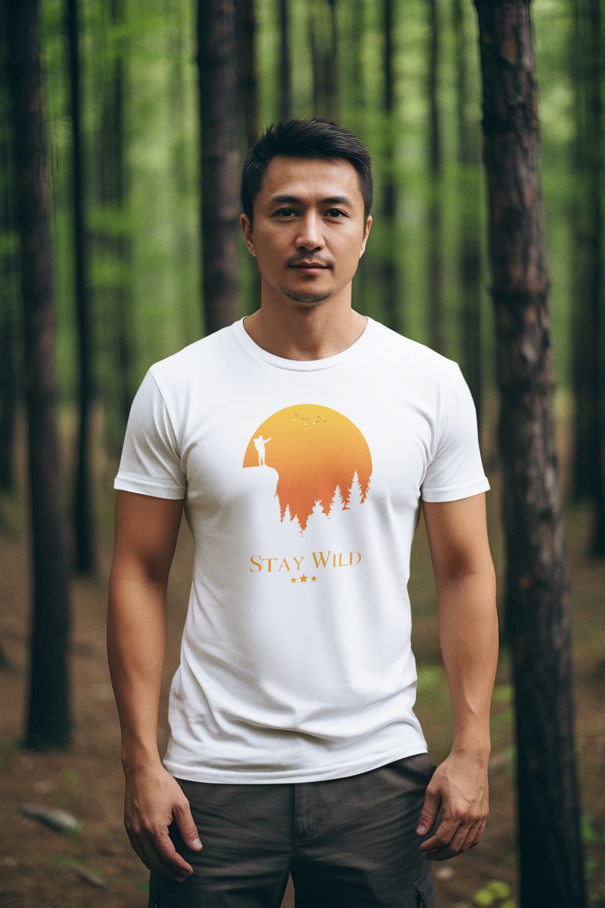 Stay Wild” printed alongside a tracker icon men's tshirt