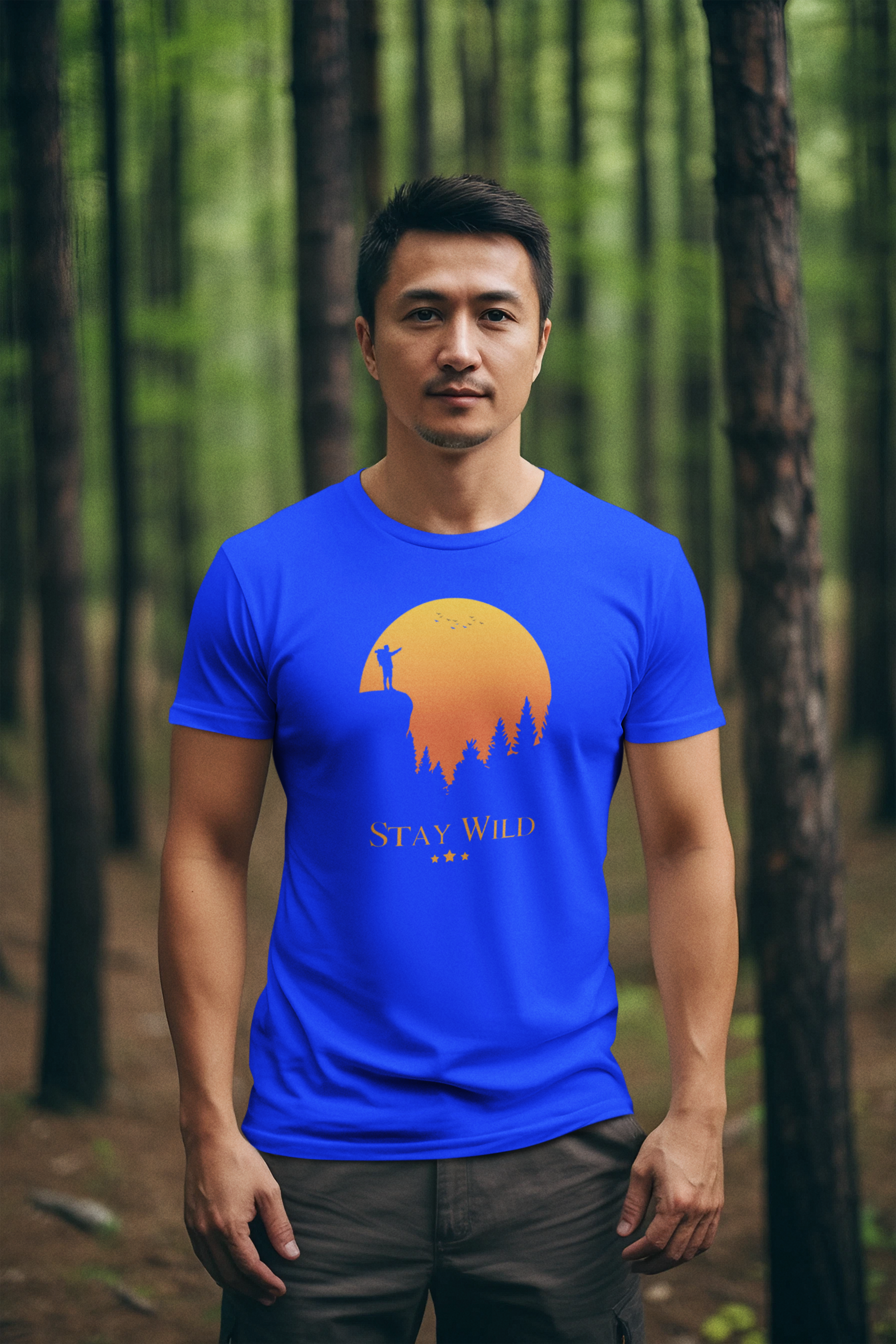 Stay Wild” printed alongside a tracker icon men's tshirt